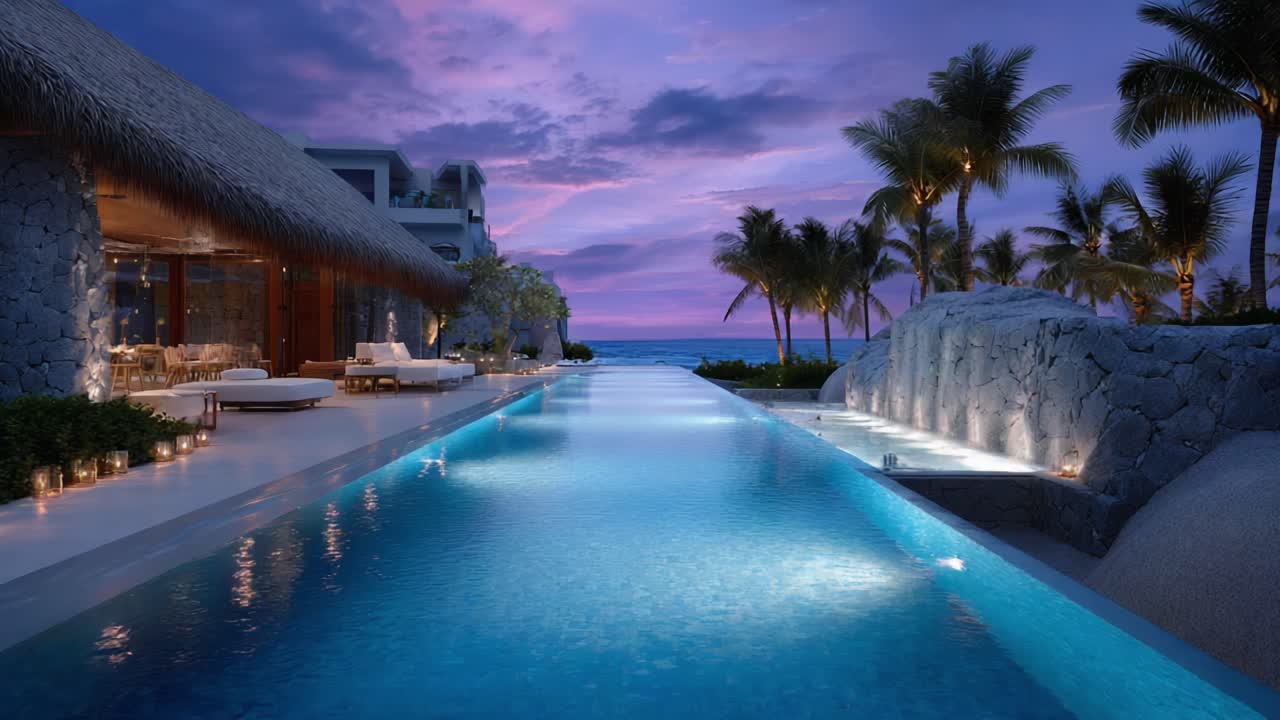 A Serene Evening by the Poolside: Tranquil Ocean Views and Lush Tropical Surroundings Enhance a Luxurious Getaway at Twilight