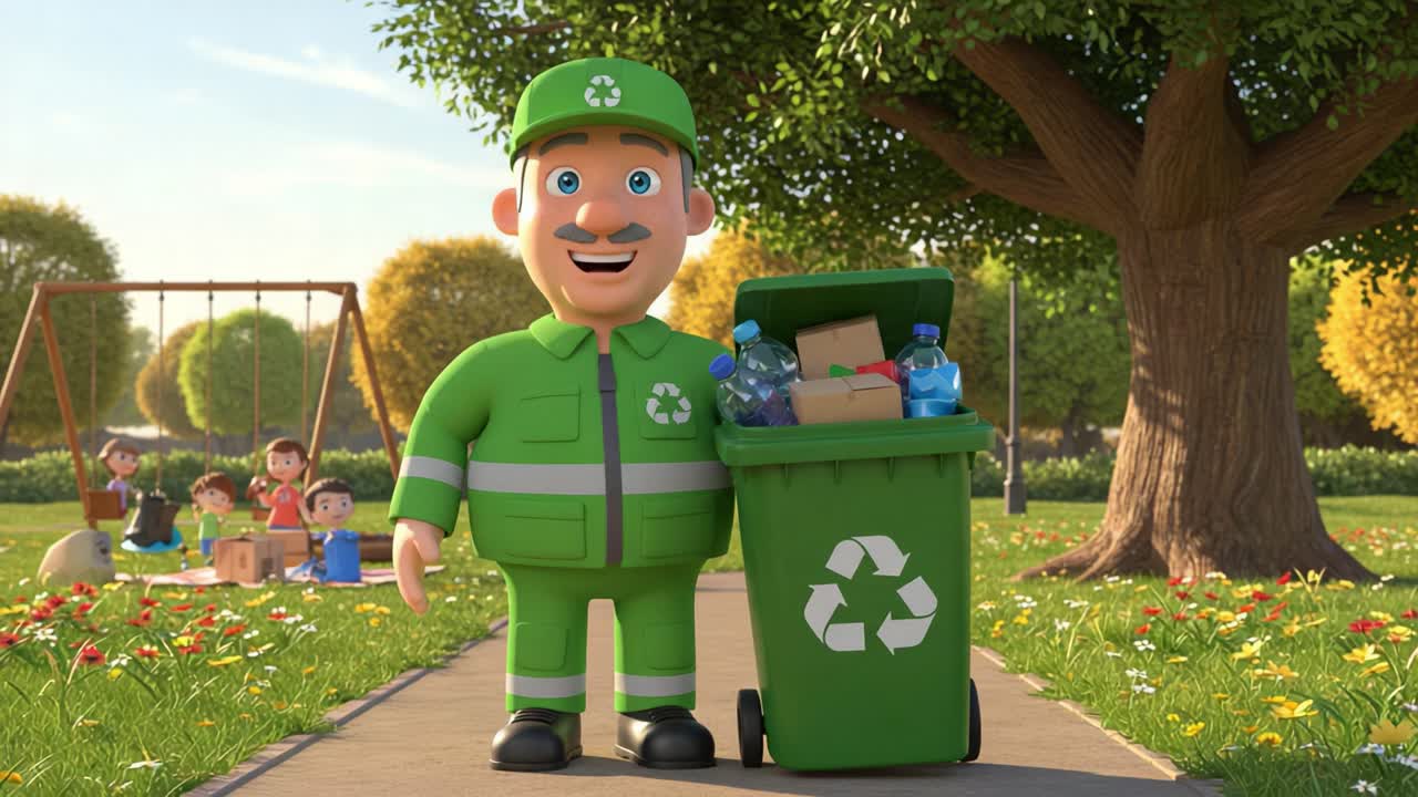 Cheerful cartoon character in a green recycling uniform, proudly standing with a recycling bin full of bottles and boxes while children play in the background on a sunny park path