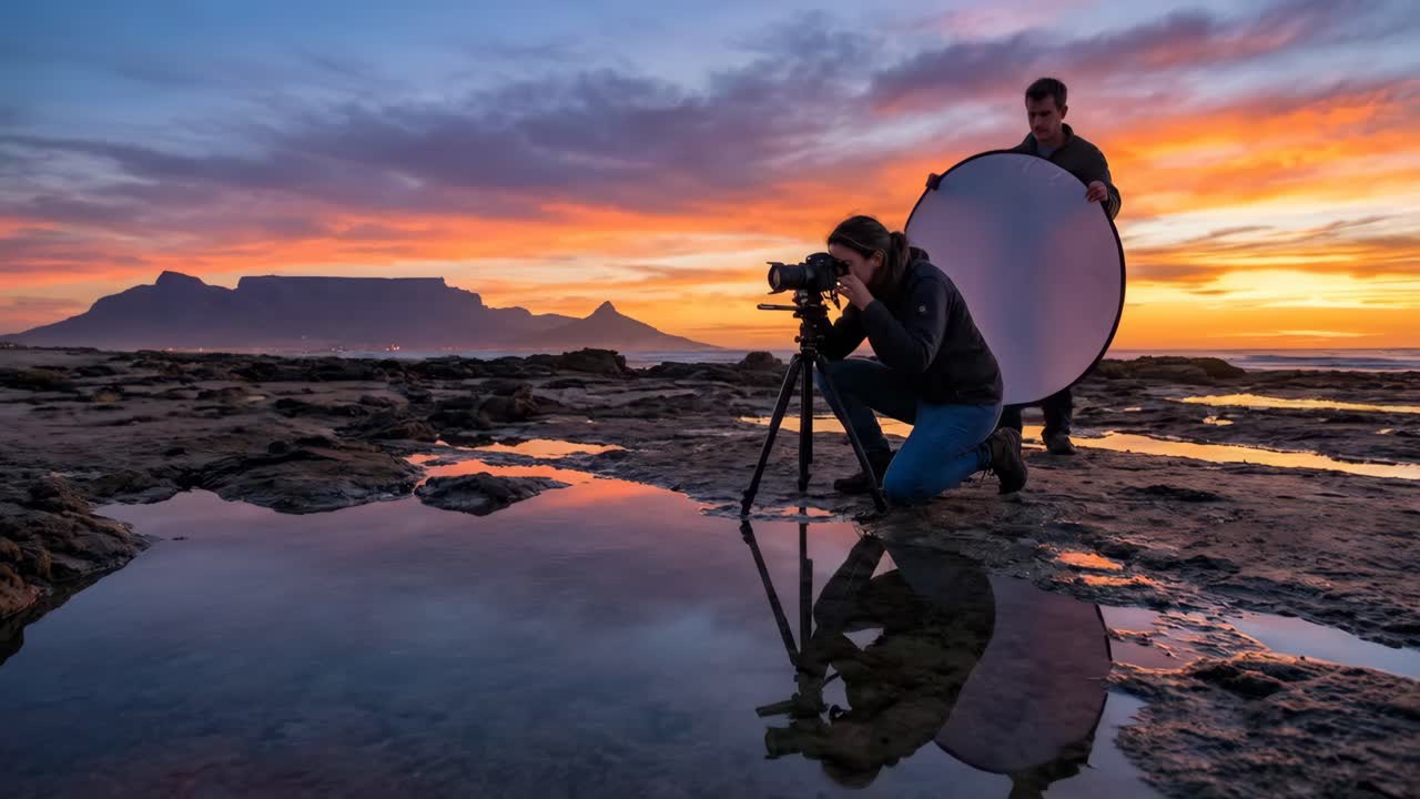 Fotografi professionisti immortalano un paesaggio al tramonto su una costa rocciosa