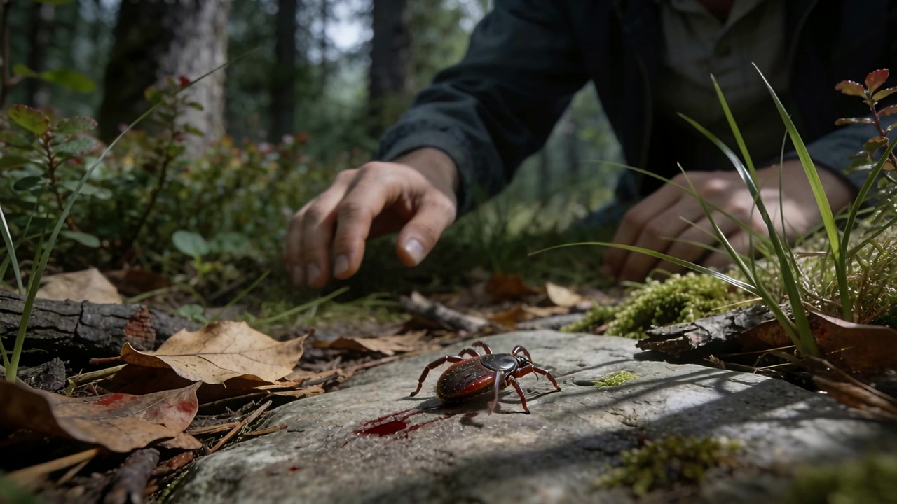 Crawling beetle on rock at forest, person wearing dark jacket noticing and reaching