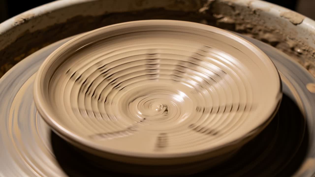 Starting motor pottery wheel spinning and shaping clay bowl at studio, showing ridges, radial marks