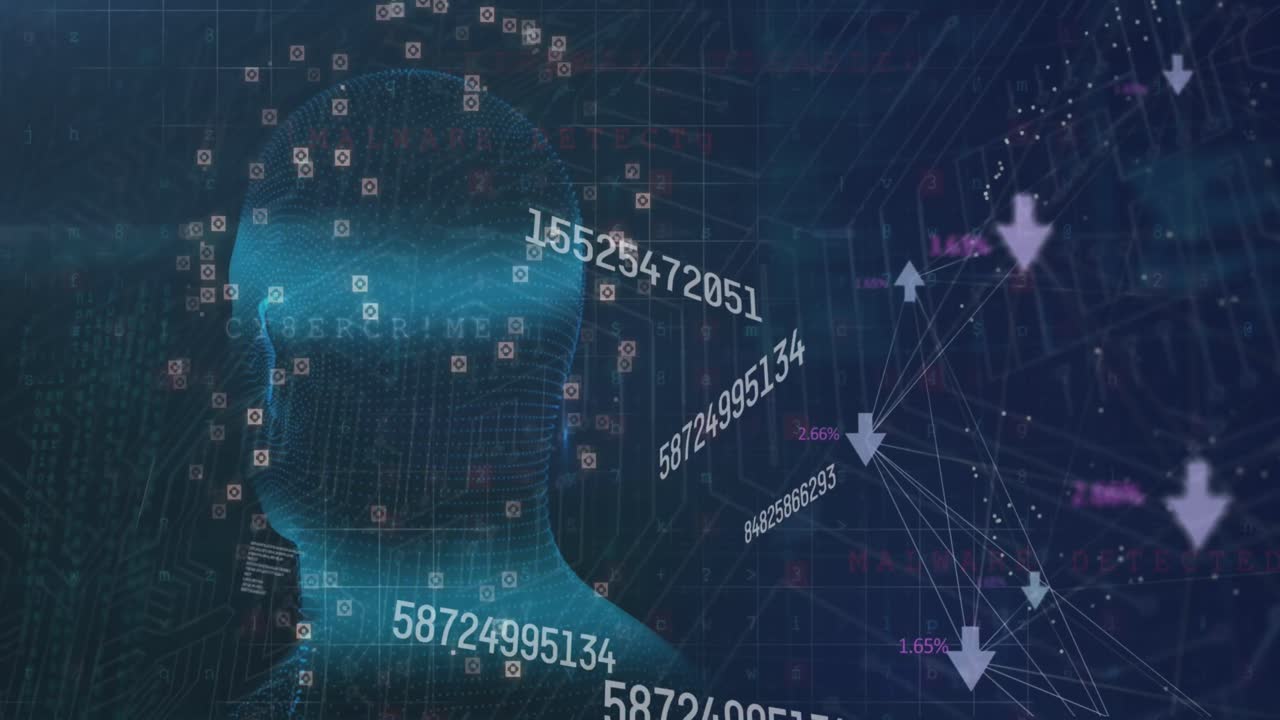 데이터 처리, 연결 및 헤드 모델을 가진 디지털 화면의 애니메이션, 해군 배경