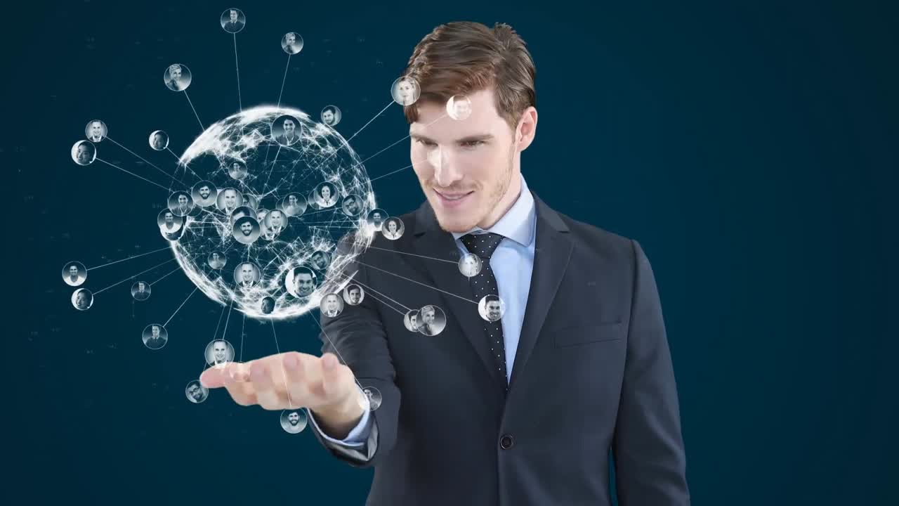 숫자를 연결하는 연결망으로 지구를 만지는 백인의 애니메이션