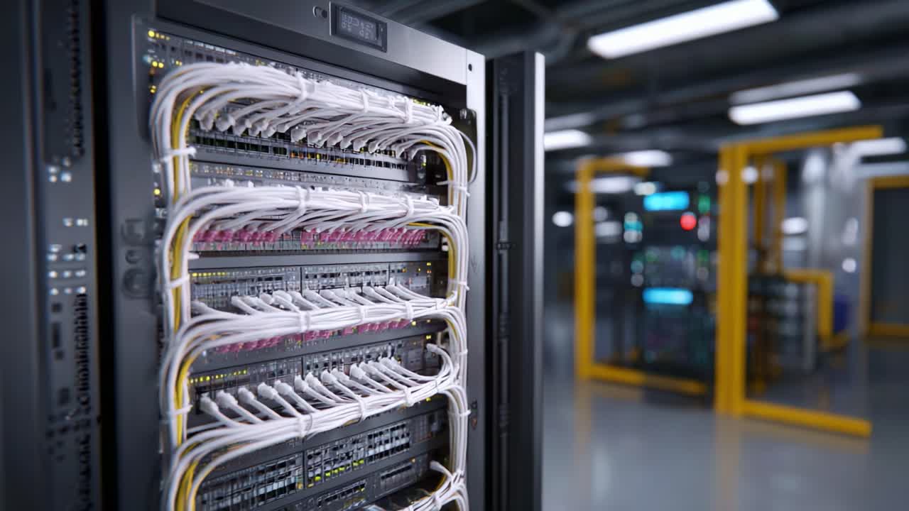 Modern Network Infrastructure with Cable Management and Data Center Connections Featuring High-Density Wiring and Advanced Communication Equipment