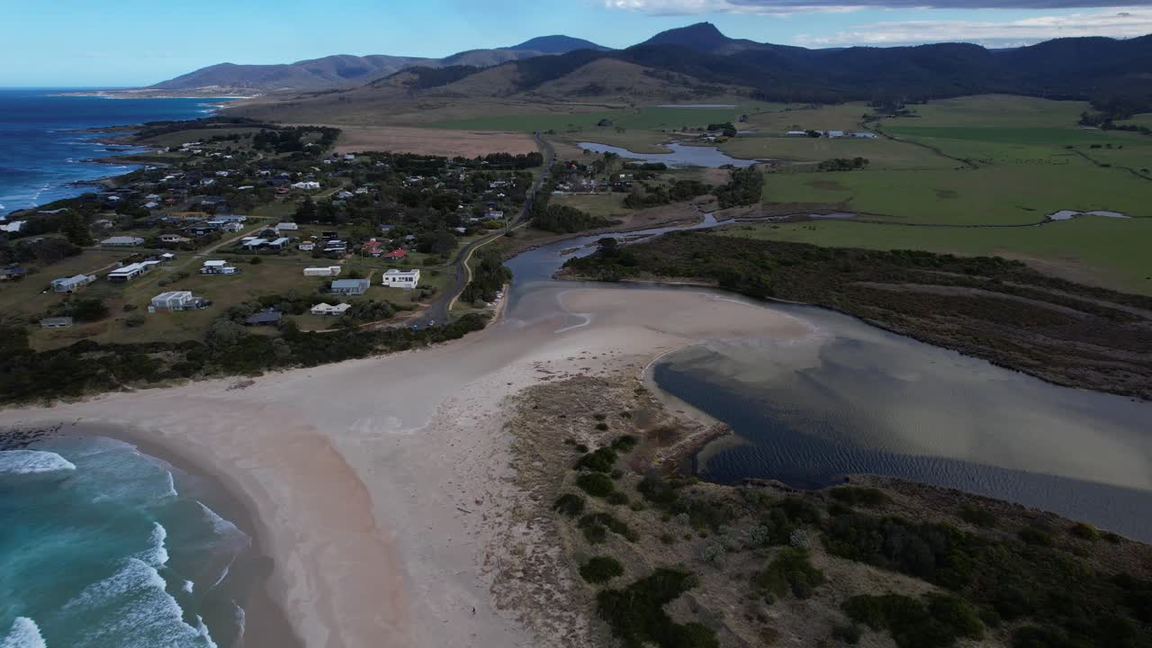 Falmouth Rural Community And Steels Beach In Tasmania, Australia - Aerial Pullback