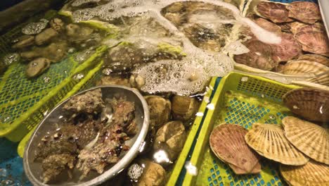 various seafood sizzling on a barbecue grill