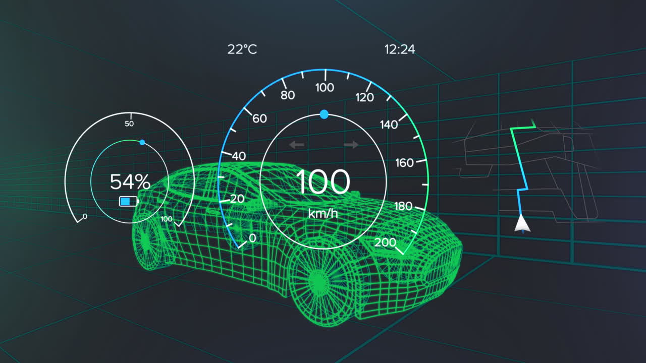 Animation of speedometer with texts, changing numbers, arrow on map pattern over 3d model of car
