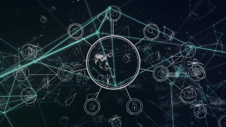 Animation of network of connections with icons and globe over black background