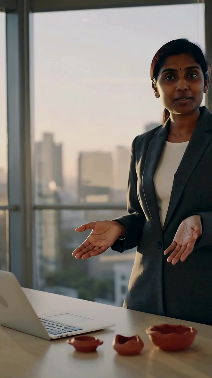 Vertical video: Presenting woman in blazer gesturing, speaking at office, laptop, bowls, copy space