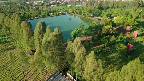 aerial agriculture scene of water reservoir, supply for surrounded farmland in embuk kledung, wonosobo, indonesia