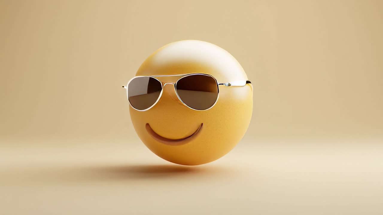 A playful emoji character wearing sunglasses, radiating joy and positivity against a smooth beige background, embodying a carefree and cheerful vibe in its design