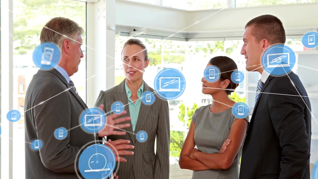 Man holding folder speaking, initiating blue icons showing business network and obscuring team