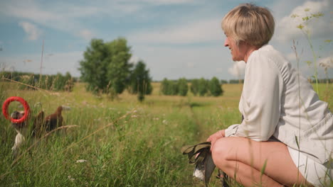 dog owner squatting in grassy field holding dog leash while watching her dog run excitedly with toy in its mouth under sunny sky, background featuring trees and tall grass