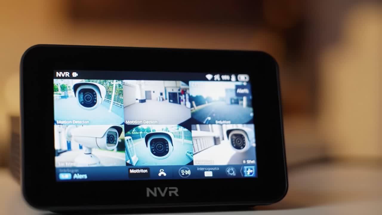 The display shows various locations monitored by security cameras, highlighting motion detection alerts and providing real-time feed updates. This setup enhances surveillance and security awareness.