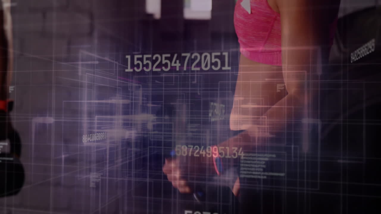 Woman lifting dumbbell in gym, overlaying digital grid with floating numeric fitness data