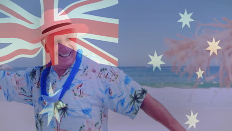 australische flagge und sterne animation über älterer mann genießt strand in tropischem hemd