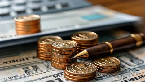 stacked coins and a pen on a banknote on a wooden table