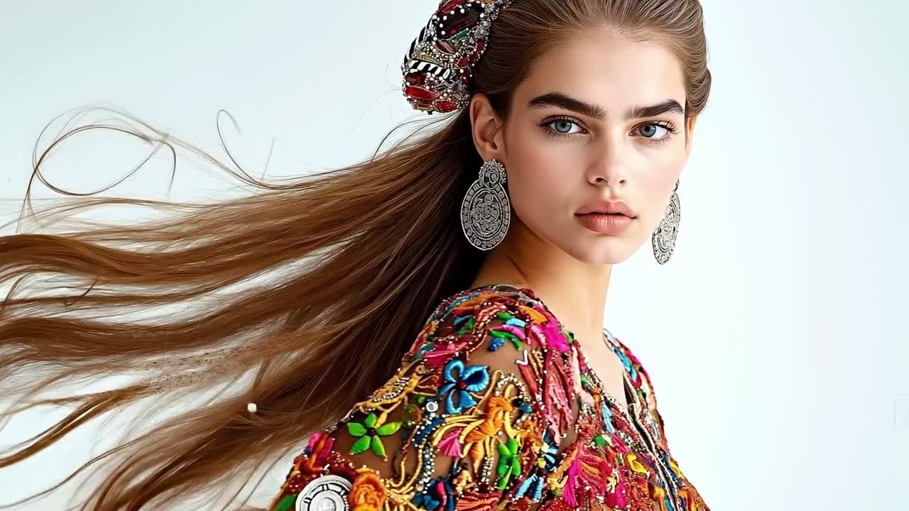 Una donna con i capelli lunghi castani che indossa un vestito colorato