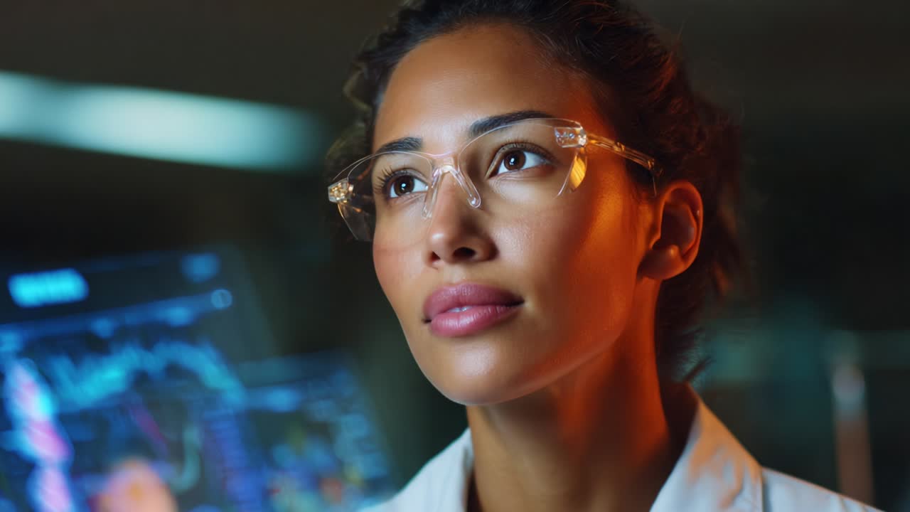 Confident Researcher Analyzing Data in a Laboratory Environment, Wearing Safety Glasses, and Engaged in Scientific Exploration While Surrounded by Advanced Technology and Analytical Display Screens