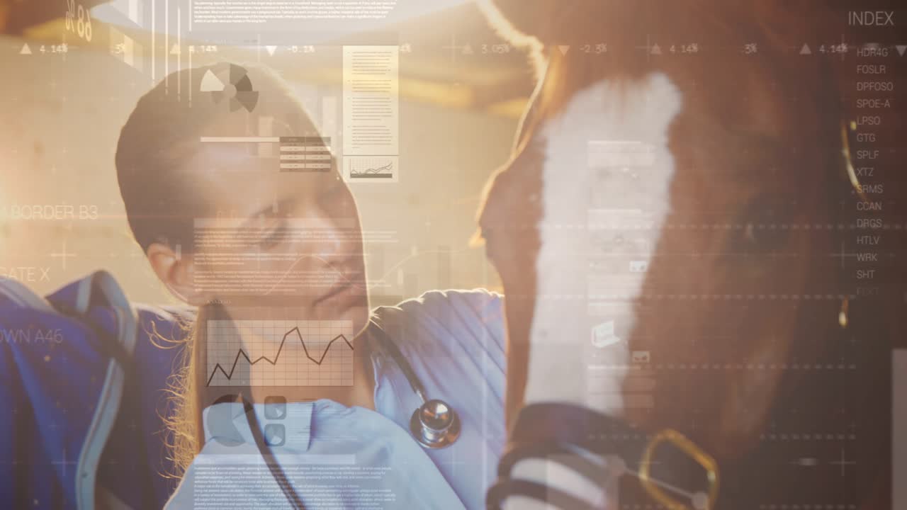 Veterinarian entering stable showing animated heart icon during horse heartbeat listening for check