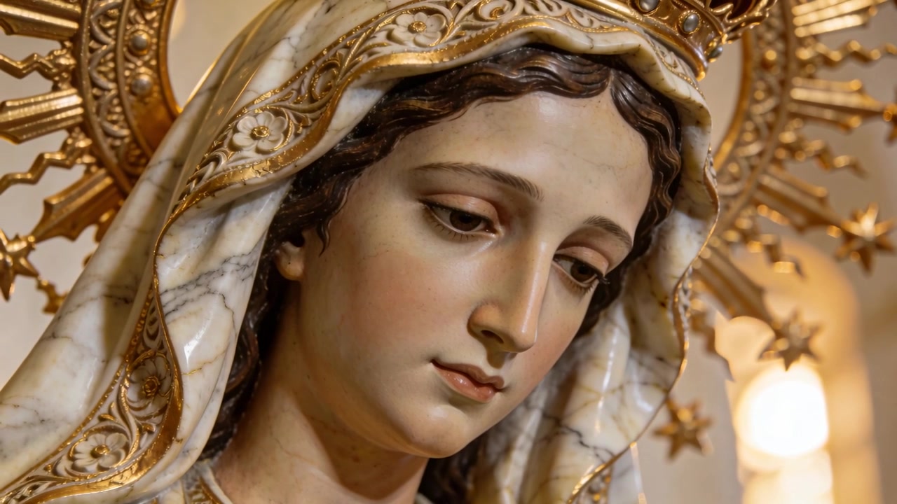 La caméra recule, révélant une statue à l'autel d'une chapelle, montrant une auréole dorée, un voile marbré et un visage peint.