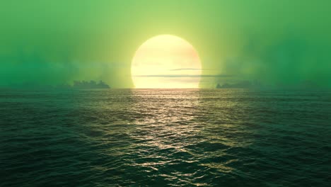 vuelo en bucle sin problemas sobre el océano en la puesta de sol verde.