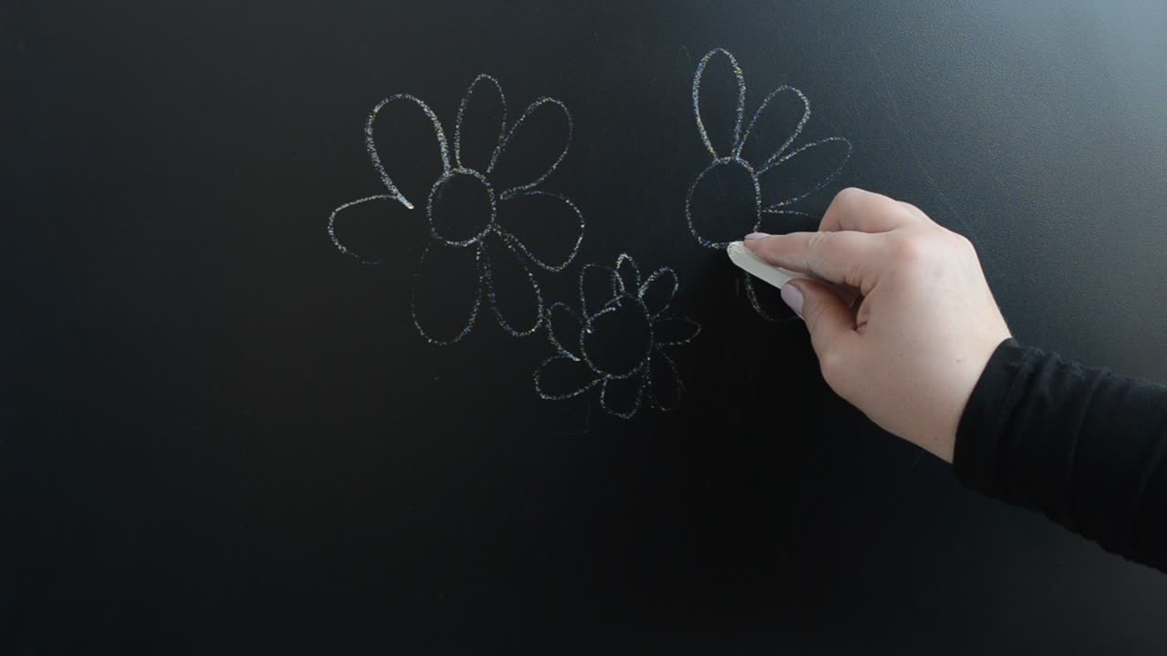We draw chalk camomile flowers on a board. We write with chalk on a board