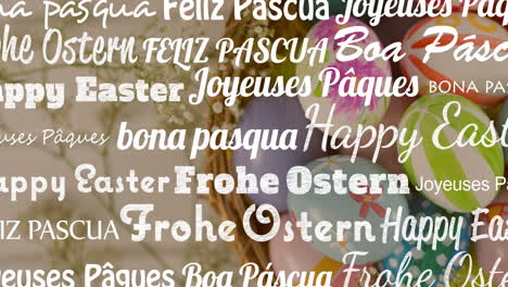 animación de texto de feliz pascua en diferentes idiomas sobre huevos de pascua multicolores en la canasta