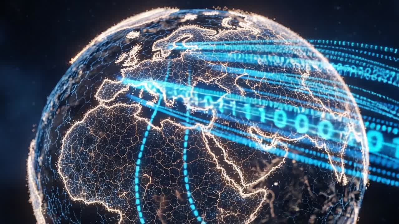 Visual Depiction of a Digital Globe Showcasing Binary Data Streams Flowing Across Europe and the Middle East, Highlighting Global Connectivity in a Modern Era