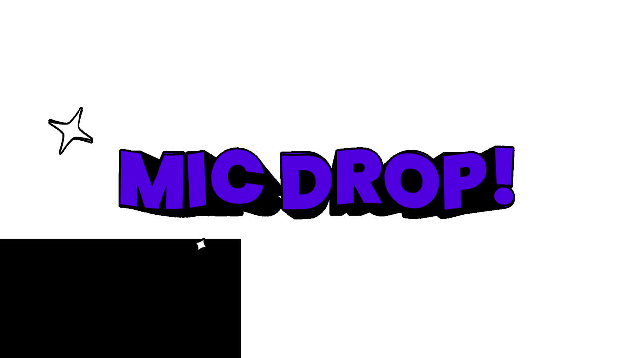 Animated Purple Mic Drop Text with Sparkles on White Background