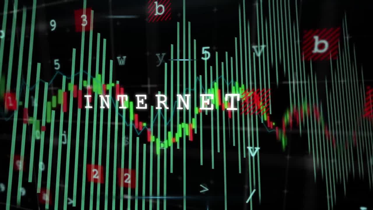 animación del procesamiento de datos financieros y texto de internet sobre fondo negro