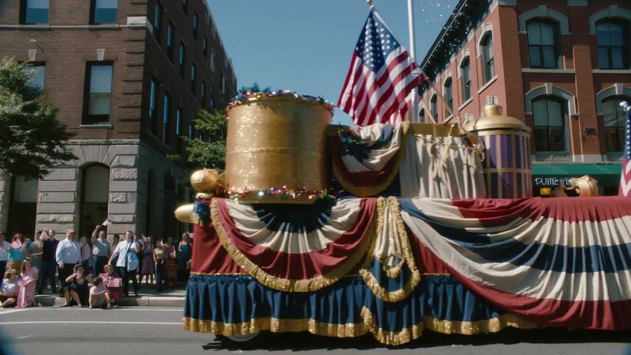 Entering from left parade float gliding along city street with US flags for celebration