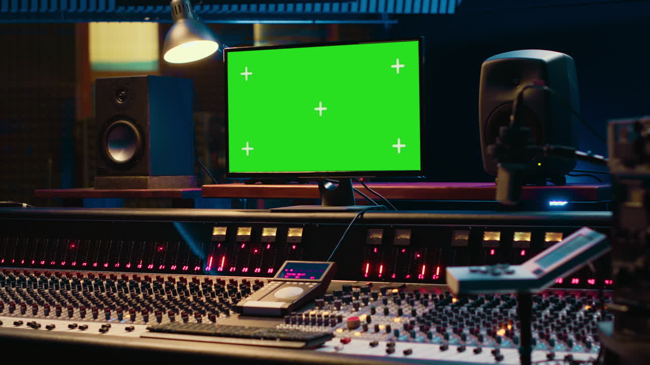 Empty professional studio showing greenscreen layout on monitor