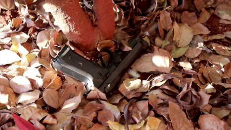 a zooming in of a black firearm laying on a bed of dry leaves next to a plant