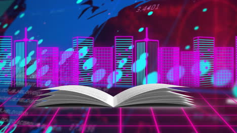 open book with neon cityscape and digital grid background animation