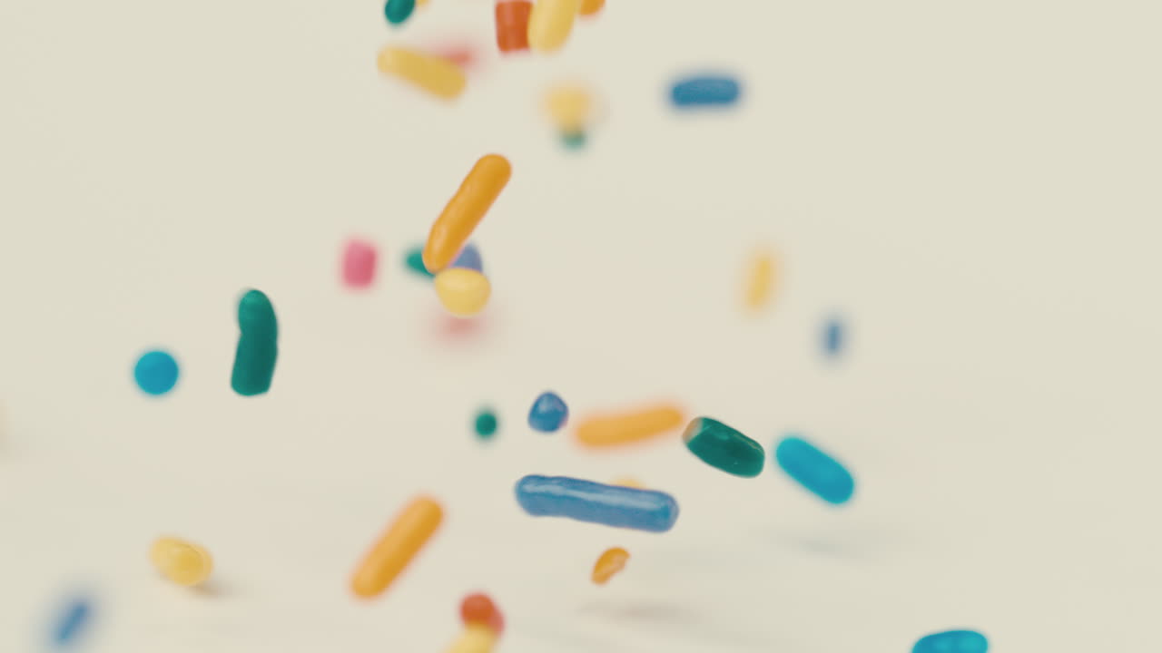 las salpicaduras multicolores del arco iris aterrizan en la mesa blanca y rebotan en todas direcciones en cámara lenta