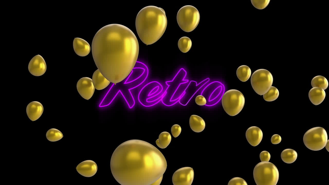 varios globos blancos flotando sobre un cartel de texto retro púrpura de neón contra un fondo negro