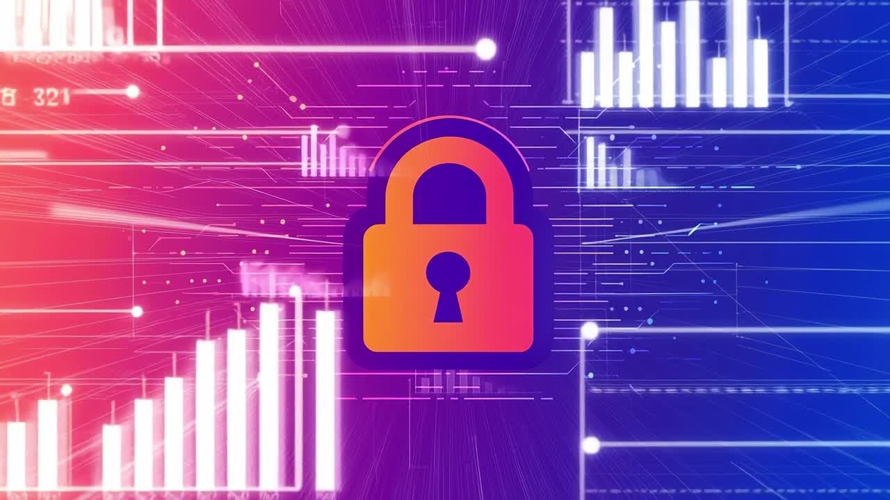 Digital security with graphs. Colorful representation of digital security featuring a padlock surrounded by data graphs and lines denoting movement.