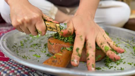 Kräuterschneidebrett,-Gemüse-Hacken,-Aromatische-Lebensmittelzutat,-Zum-Backen,-Leckeres-Gesundes-Essen-Auf-Türkisch,-Köstliche-Küche,-Persische-Küche,-Ländliches-Leben,-Menschen-Auf-Dem-Land,-Frau,-Die-Zu-Hause-Arbeitet,-Lokales-Essen