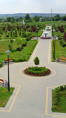 paved paths in the newly created park with young trees. garden for rest and walk in the city. top view. vertical video