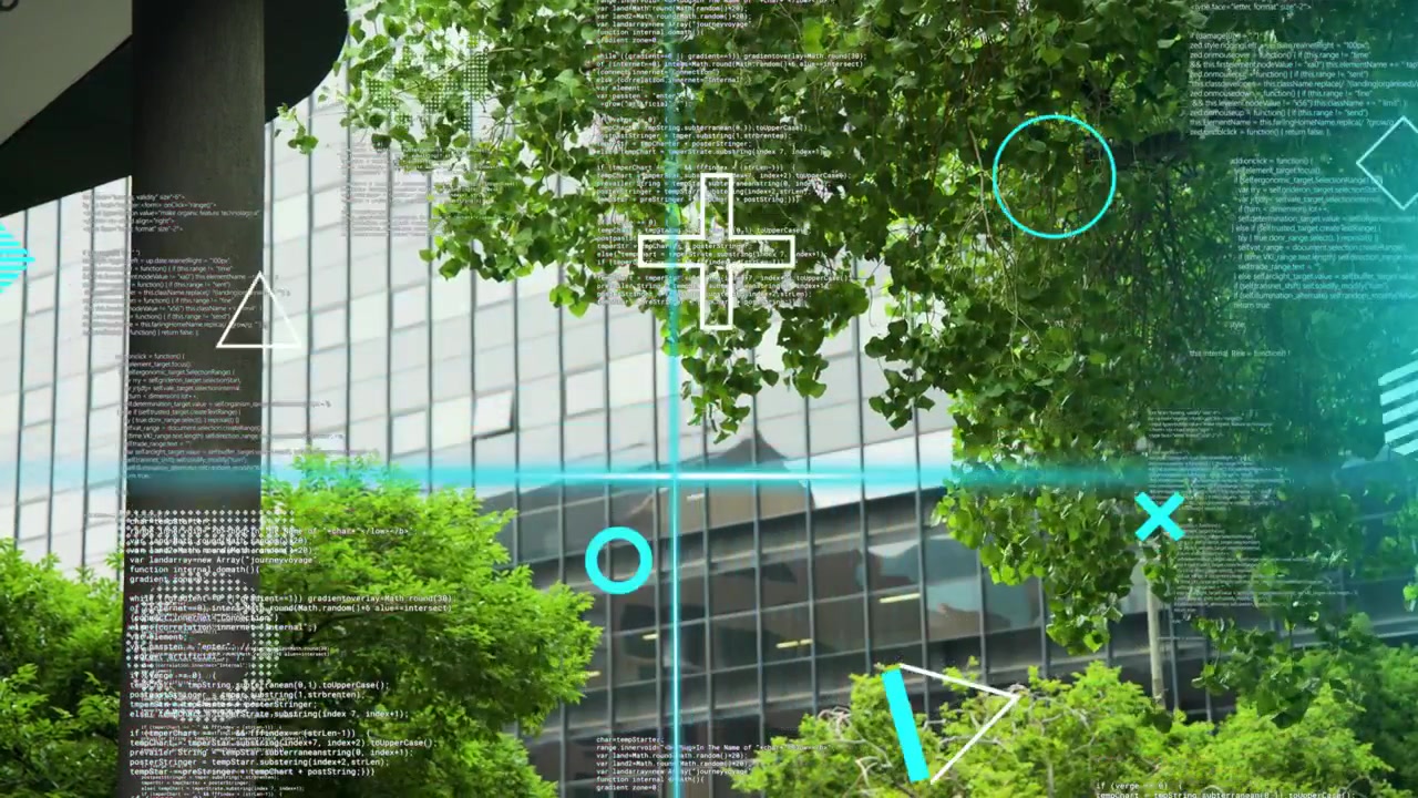 Cyan scanline sweeping from left, holo UI appearing over trees, streaming code, scanning facade