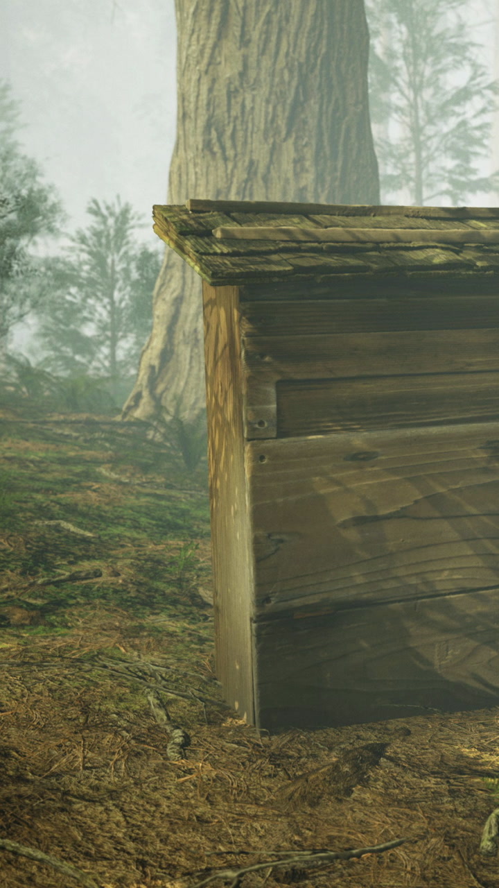 Wooden box in a forest during morning fog with trees in the background