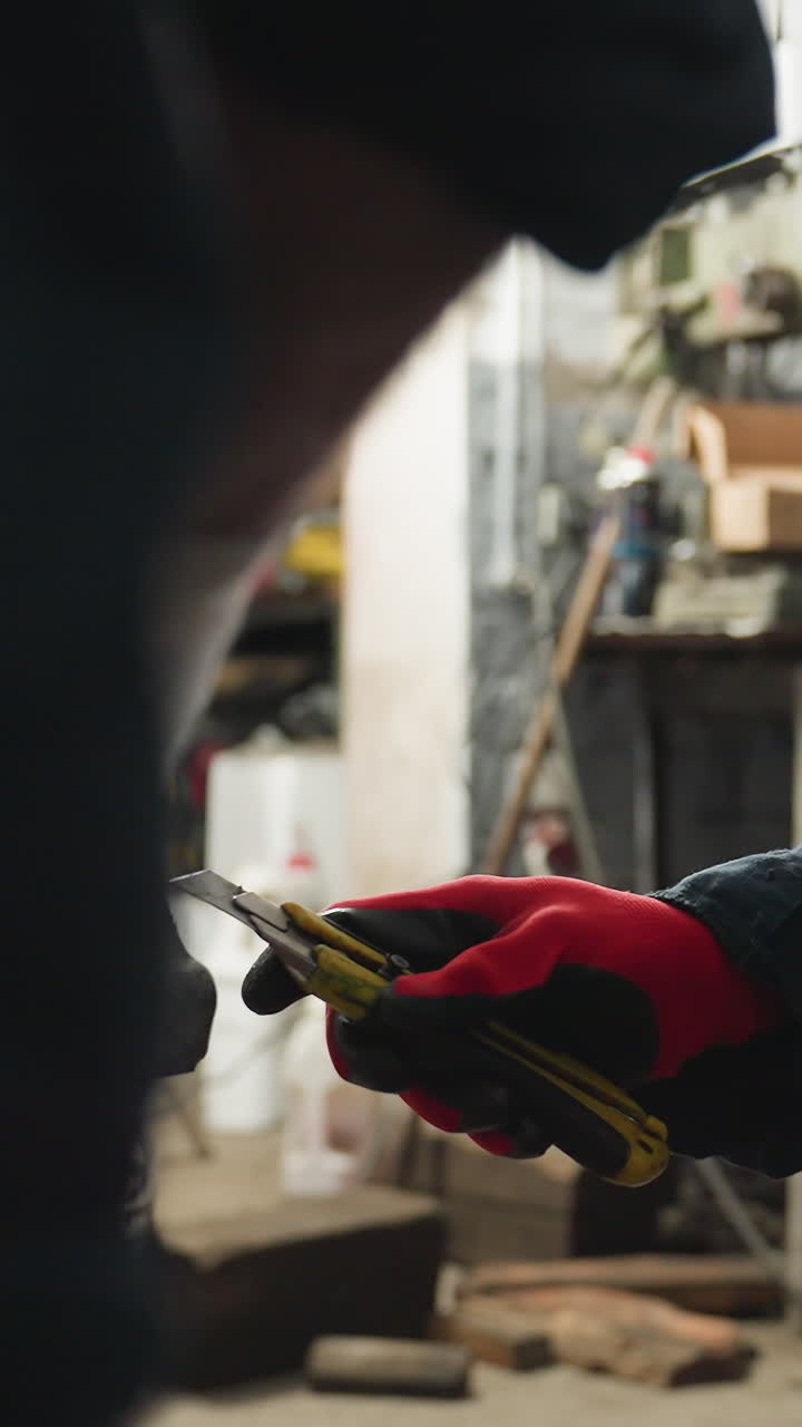 Mechanic in blue uniform wearing red gloves holds a yellow scraper while working in an automotive workshop, background features tools, equipment, and mechanical parts