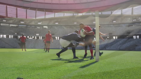 diving to score try, rugby player in red jersey in stadium animation