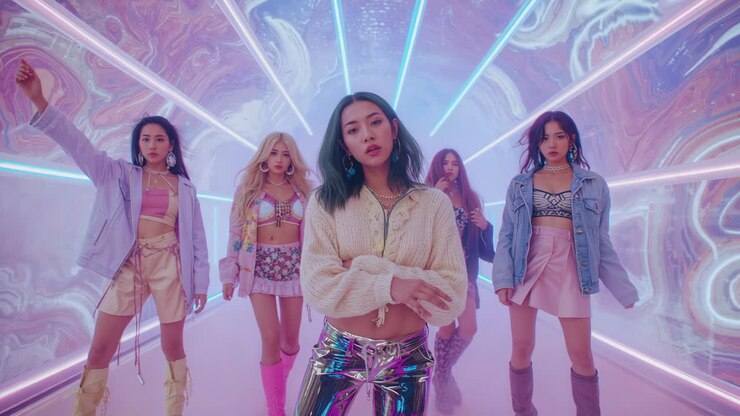 Reacting to neon lights activating five performers stepping and forming peace signs in swirl tunnel