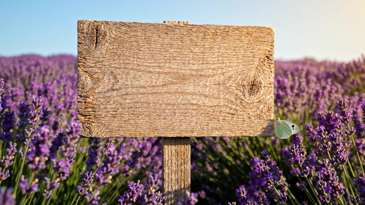 Un sereno campo de lavanda con un cartel de madera rústico entre vibrantes flores moradas bajo un cielo despejado, capturando la tranquilidad y belleza de la naturaleza