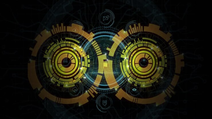 Animazione di interfaccia digitale futuristica con pattern circolari in ambiente scolastico.