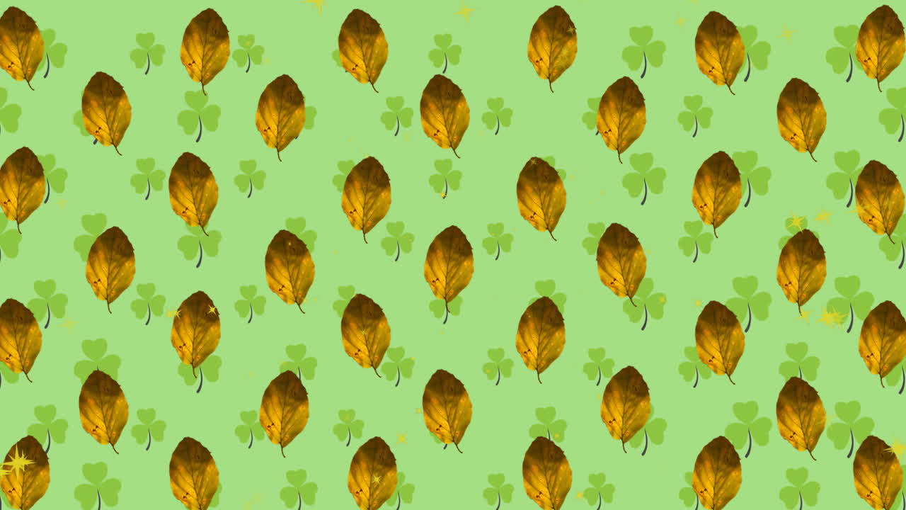 animación de hojas de otoño y patrón sobre fondo verde