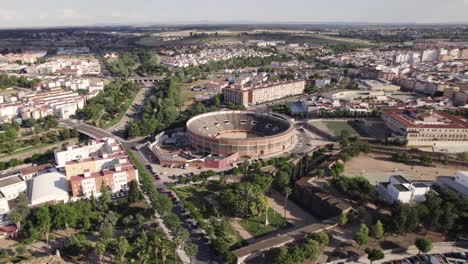 Aerial Pan: stunning aerial view of Badajoz&#039;s Plaza de Toros, Spain