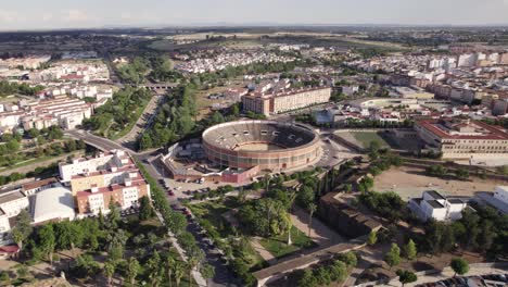 aerial pan: stunning aerial view of badajoz's plaza de toros, spain